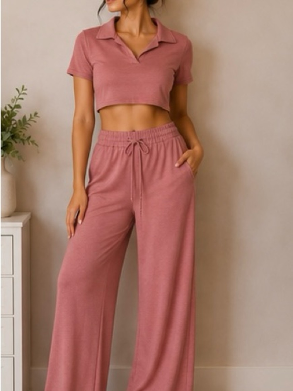 Dusty Rose Polo Top & Wide Leg Pants Set
